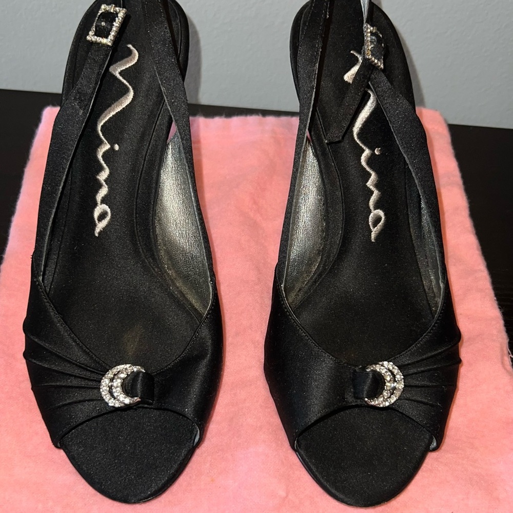 Nina black satin and rhinestone formal slingback shoes😍😍